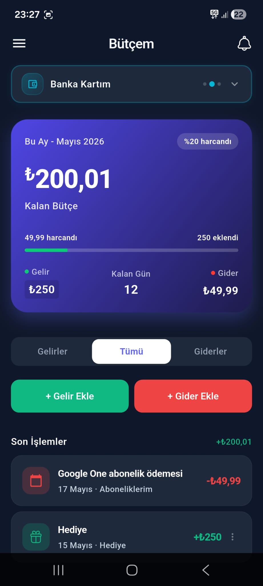 Bütçem — Ana Sayfa ekranı